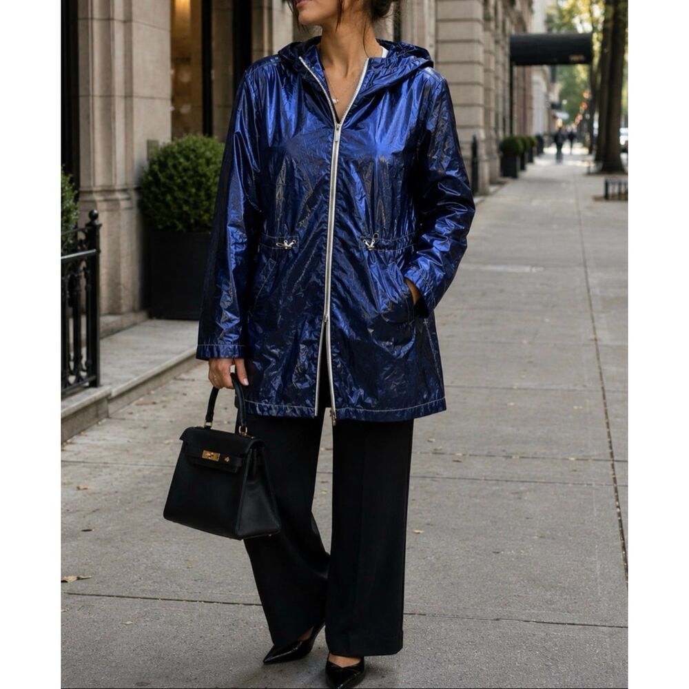 Jane Post $475 Metallic Rain Parka Jacket Hooded Blue Womens Medium NEW